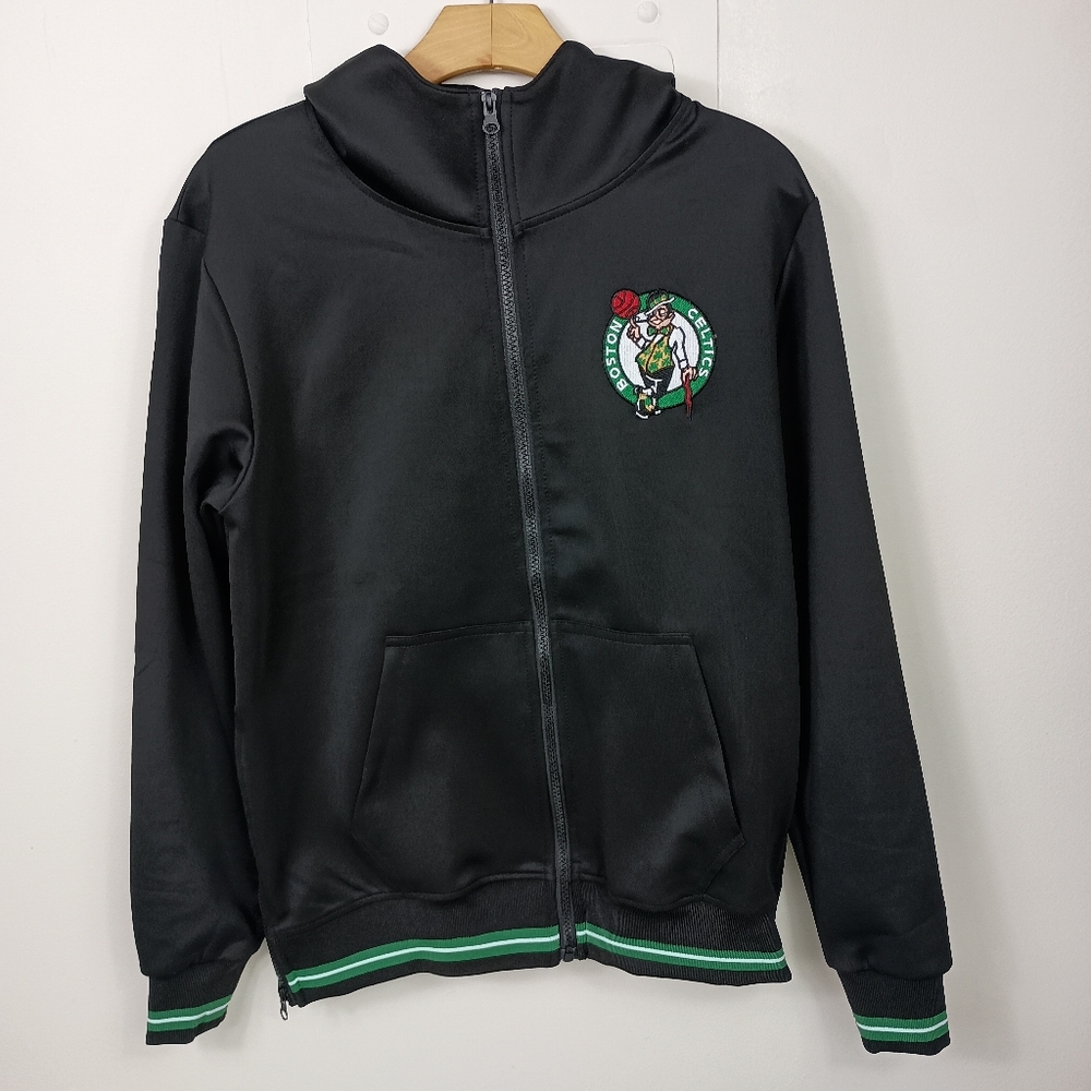 Boston Celtics Warm Up Jacket Medium Black Full Zip Lucky Logo BOSTON Spellout